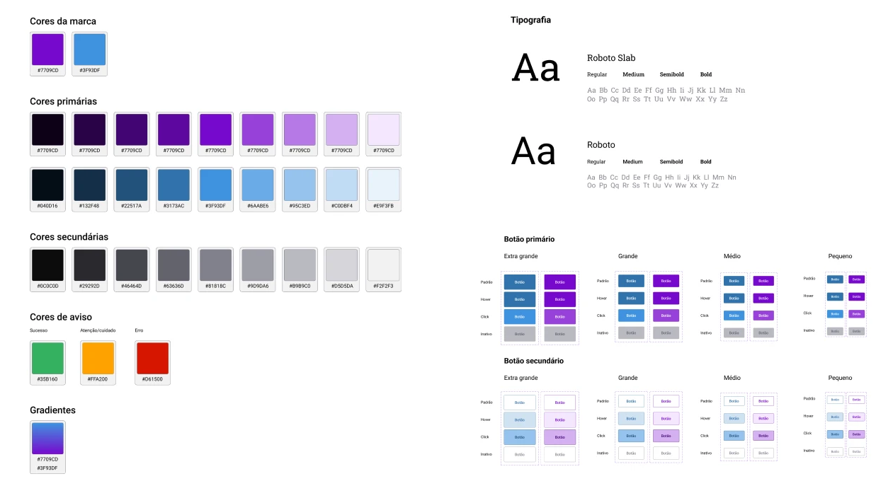 Style Guide do EmpoderaTI — paleta roxo e azul, tipografia Roboto